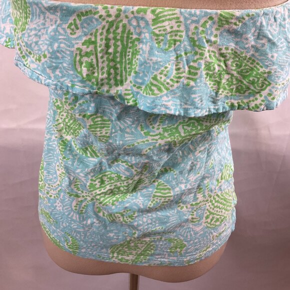 Lilly Pulitzer Wiley Ruffle Top S Blue Green White Print Strapless - Picture 7 of 8